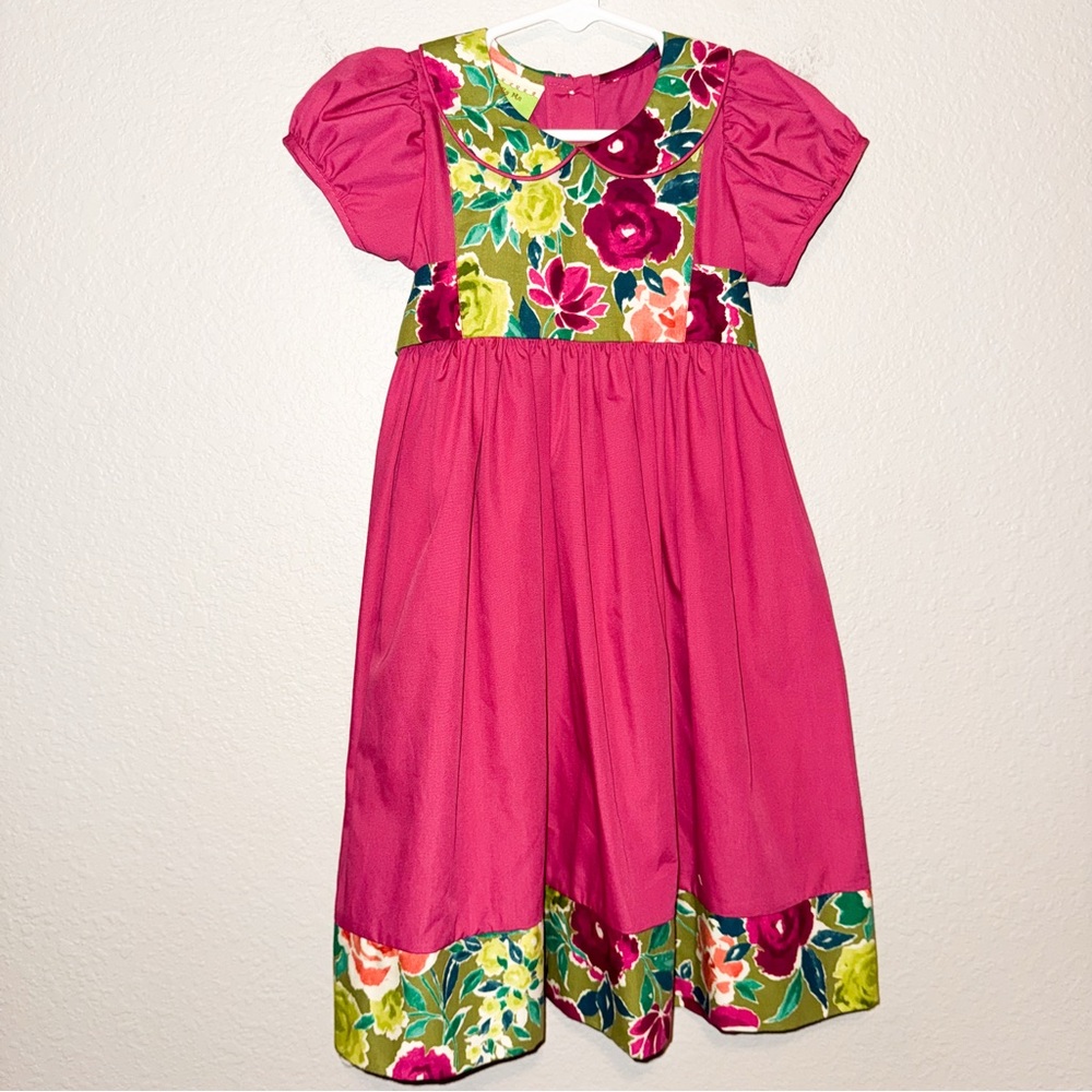 Le Za Me Girls Pink Floral Short Sleeve Hand Smocked Twirl Dress